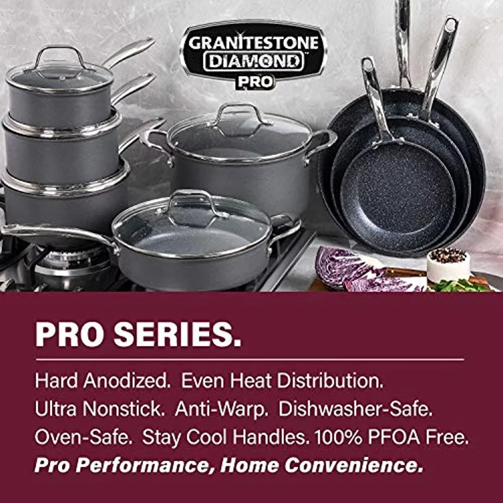 Granite Stone Hard Anodized Aluminum Ultra-Nonstick Ti-Ceramic Coating 20 Piece Cookware Set, Black, Dishwasher Safe, Oven Safe