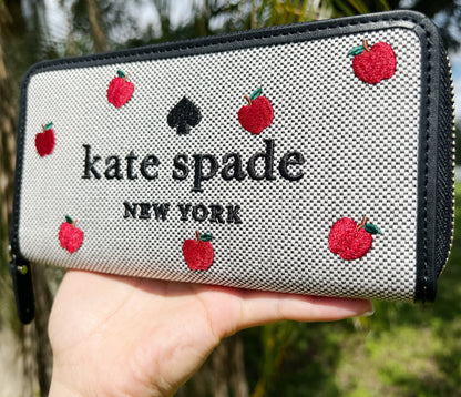Kate Spade Ella Apple Toss Embroidered Large Continental Zip Wallet Black Multi