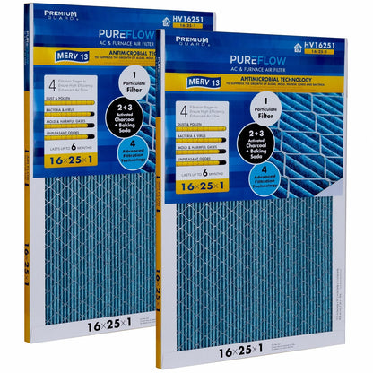 PureFlow, Home Furnace Air Filter 16x25x1, with 4 Layers of Advanced Filtration Technology, MERV-13 Pack-of-2