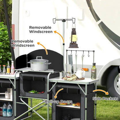Outsunny Folding Camping Kitchen with Windshield Fabric Cupboards Black