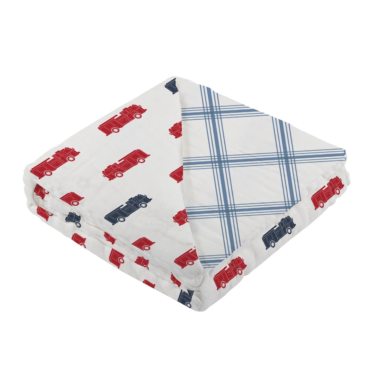 Blue and Red Fire Trucks and Buffalo Check Plaid Blanket