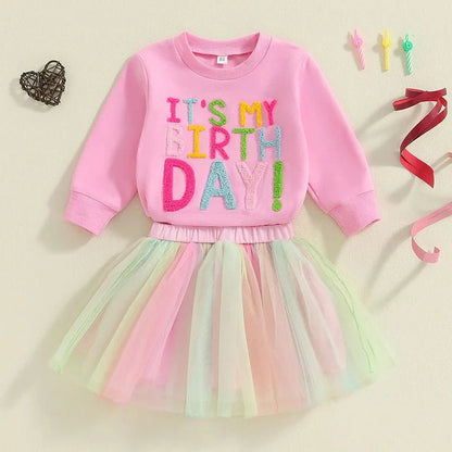 Kids Girls Outfit Long Sleeve Embroidery Letters Sweatshirt Tulle Skirt Birthday Clothes