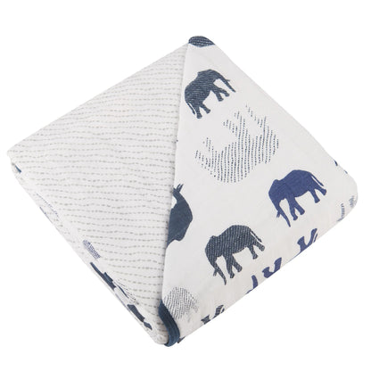 Blue Elephant and Spotted Wave Cotton Muslin Blanket