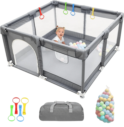 Baby Playpen with Padded Frame, Mesh Walls, Balls & Pull Rings