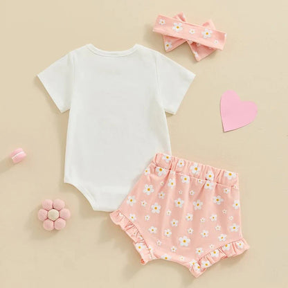 Baby Girls Outfit Short Sleeve Romper - Floral Shorts - Hairband Set Casual Clothes